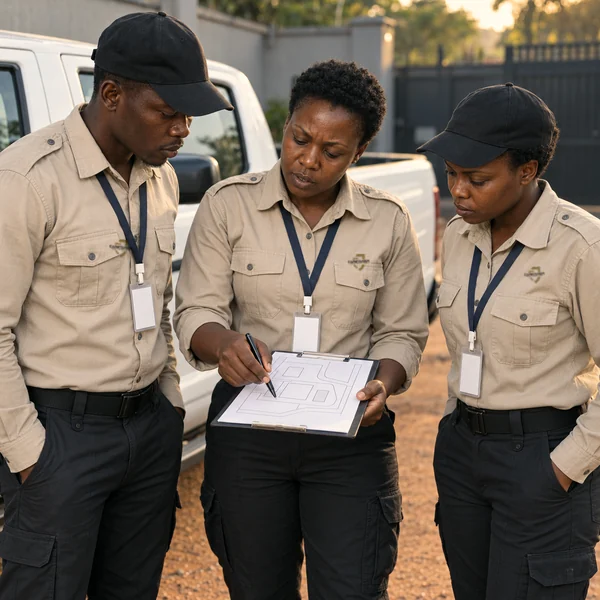A Caretaker supervisor briefing two officers over a site plan at first light