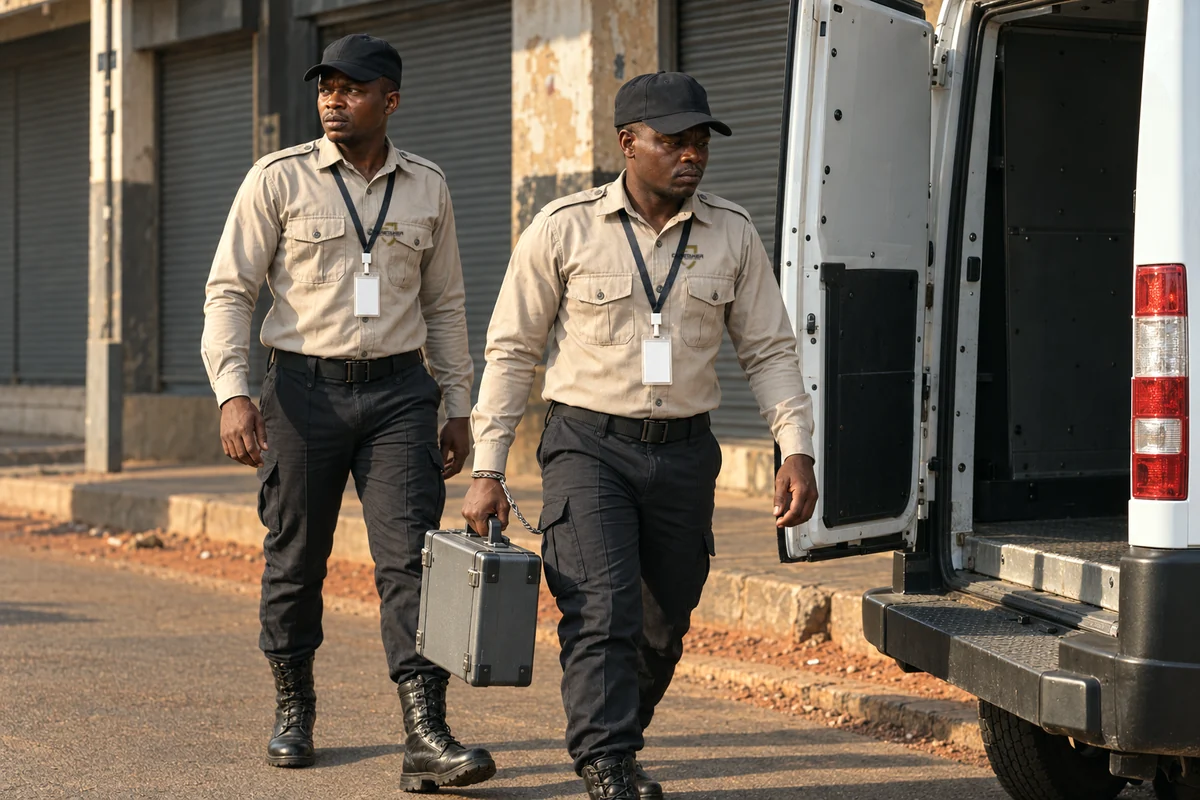 A two-officer Caretaker cash-in-transit crew moving a secured case to an armoured van