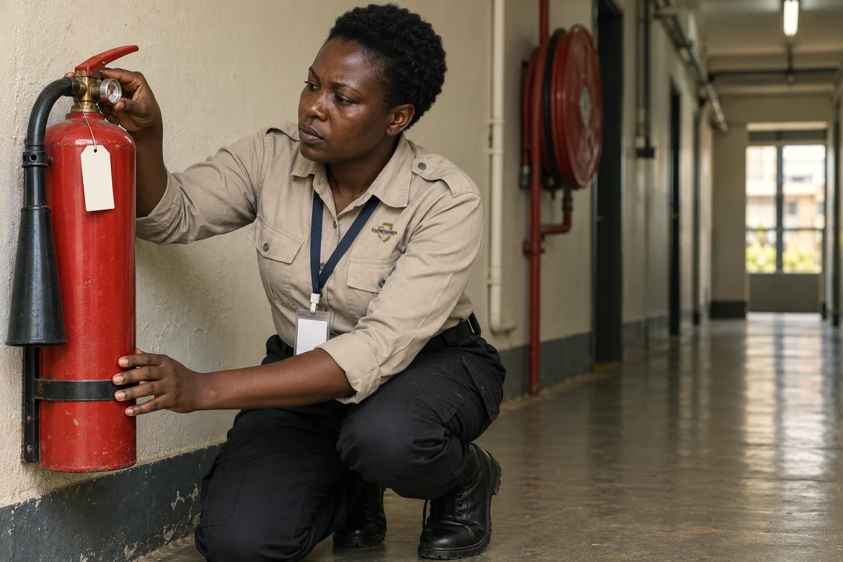 A Caretaker technician reading the pressure gauge during a scheduled fire-extinguisher inspection