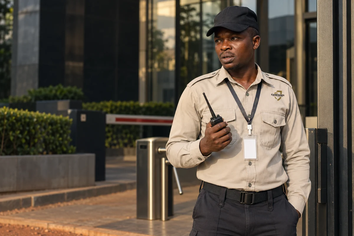 A Caretaker officer holding a post at the pedestrian gate of a commercial compound in Kampala