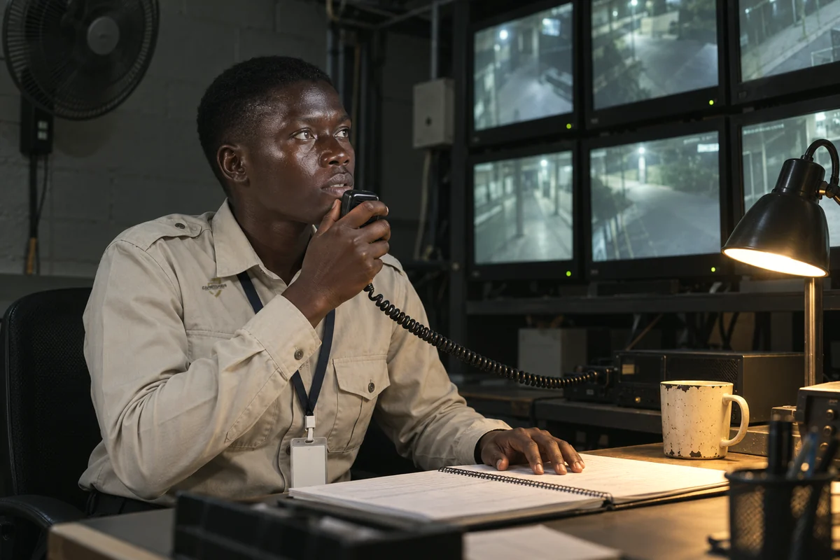 A Caretaker control-room operator on night shift, transmitting on the VHF base station beside the camera wall